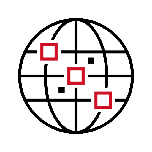 A wireframe globe with markers for locations